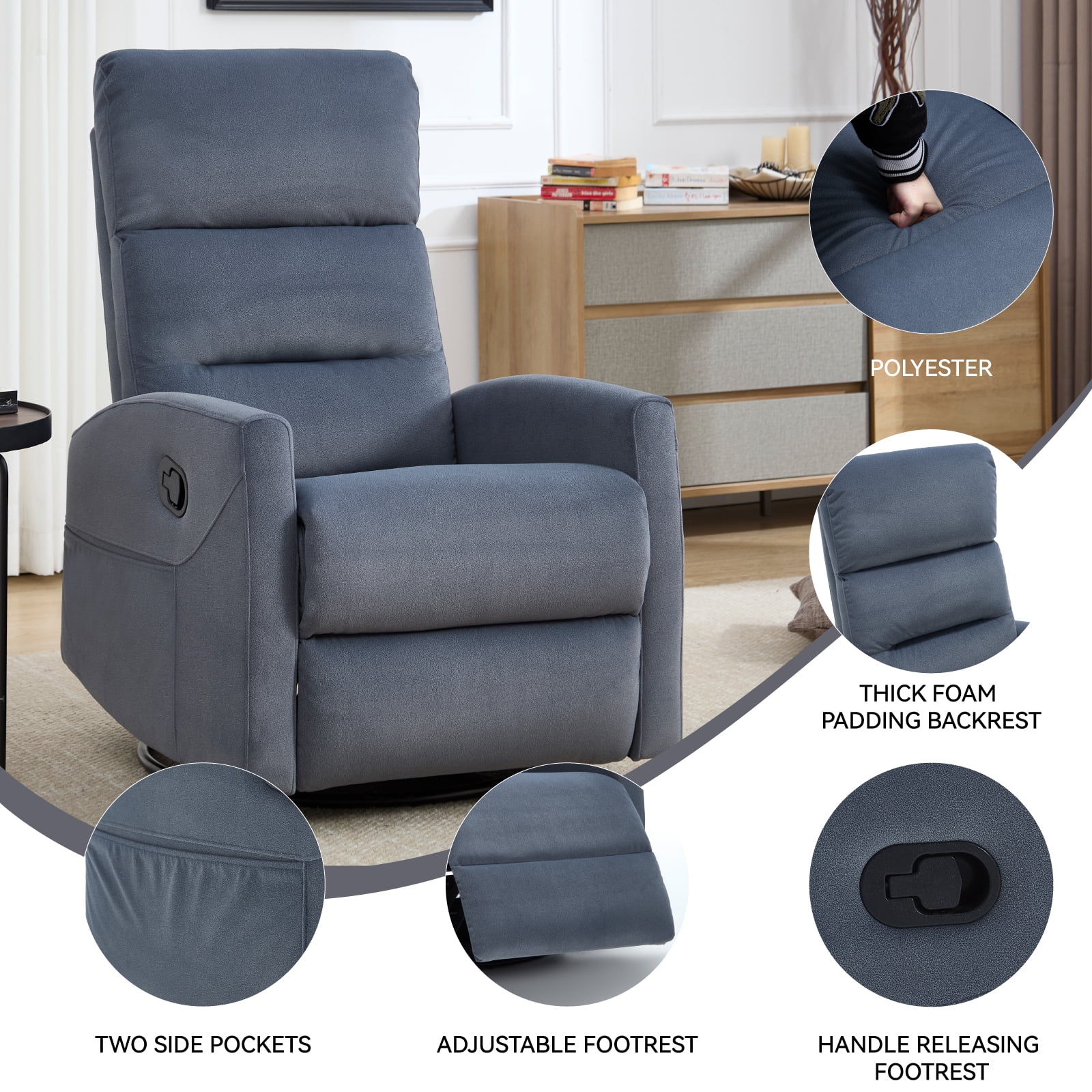 Aukfa 360° Swivel Manual Recliner Chair, Overstuffed Nursery Glider Chair for Living Room, Gray