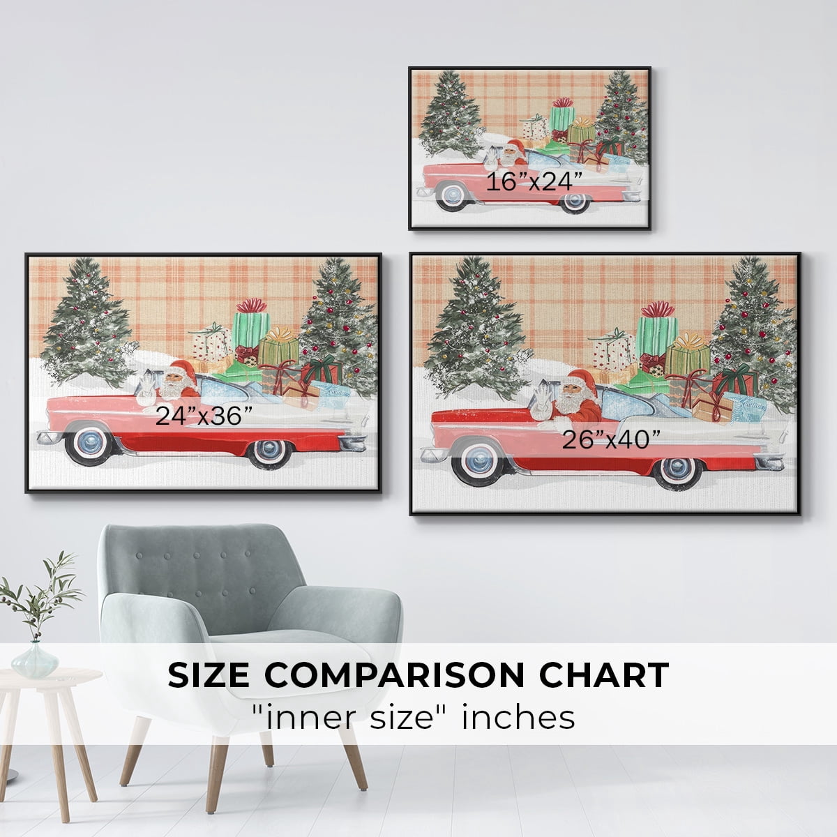 Santa on Wheels Collection A - Framed Gallery Wrapped Holiday Canvas - 17 x 25 - Black Frame