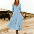 thumbnail image 4 of Ayolanni Dresses for Women 2026 Long Sleeve V Neck Beach A-Line Maxi Dresses Casual Solid Flowy Pleated Long Dress Blue M, 4 of 7