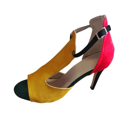 

Honeeladyy Discount Women s Buckle Color Block High Heeled Fish Mouth Open Toe Hollow Sandals Shoes