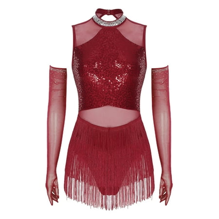 SiiRoh Modern Dance Dress Shiny Sequins Fringe Latin Jazz Tango Salsa Dance Leotard Bodysuit with Gloves Set Burgundy L