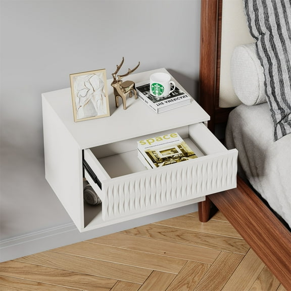 Hommoo Set of 2 Nightstand, Carved Surface Wall-Mounted Bedside Table Set with Drawer & Open Shelf, 3-Section Slides, White