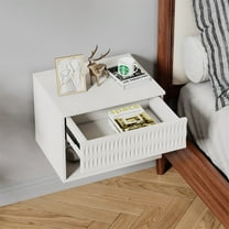 Hommoo Set of 2 Nightstand, Carved Surface Wall-Mounted Bedside Table Set with Drawer & Open Shelf, 3-Section Slides, White