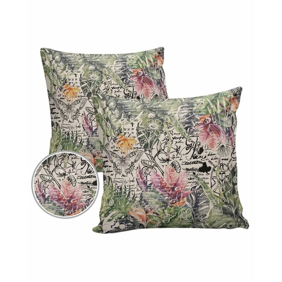 Pack of 2 Outdoor Pillow Covers, Summer Vintage Tropical Pink Lowers with Leaves Waterproof Square Throw Pillowcase Cushion Decorative Pillow Covers for Couch Patio Tent, 20x20 in