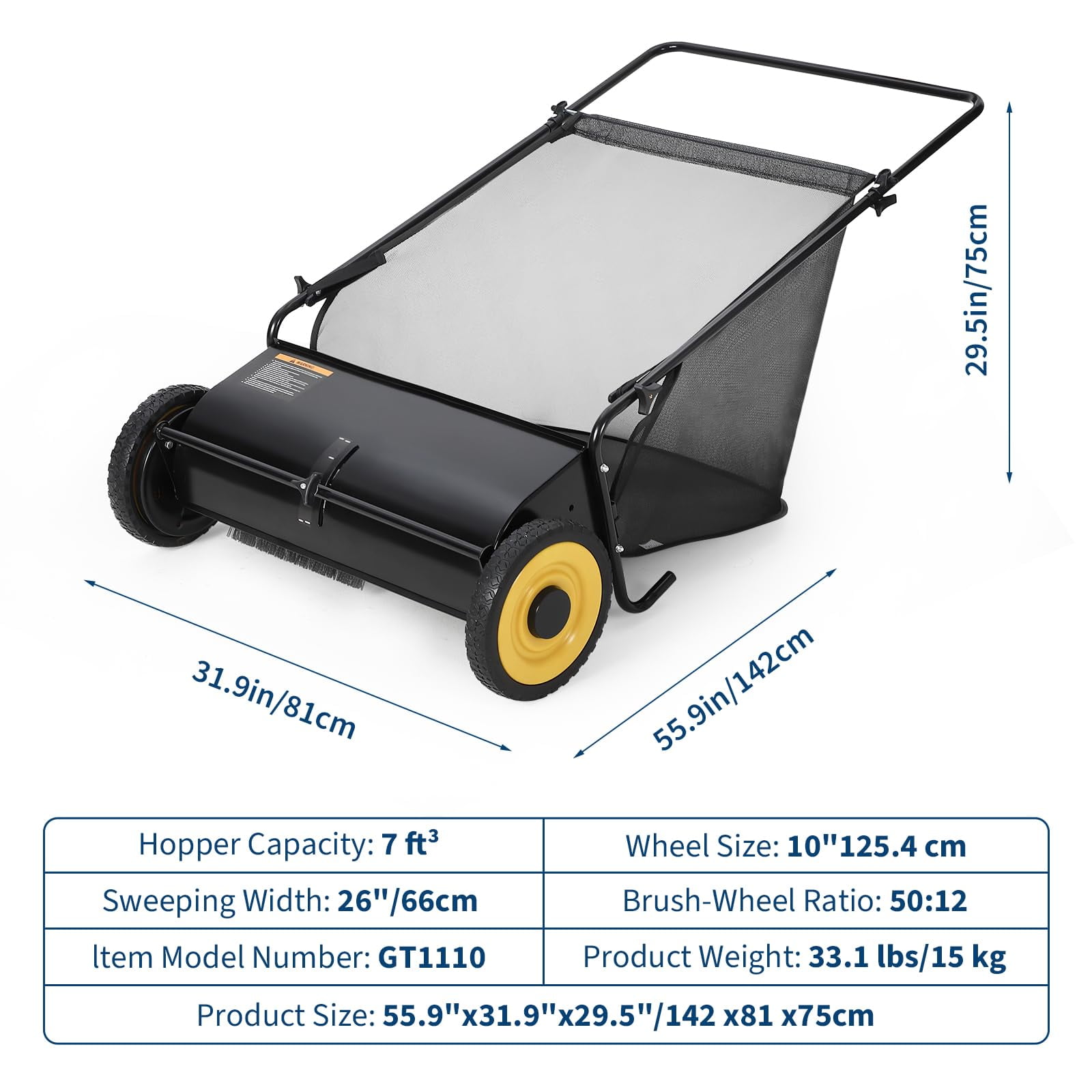 Push Lawn Sweeper,26 in Width Enhanced 4-Brush System, 7 ft Capacity Heavy Duty Steel Frame, Ideal for Yard and Garden Cleanup