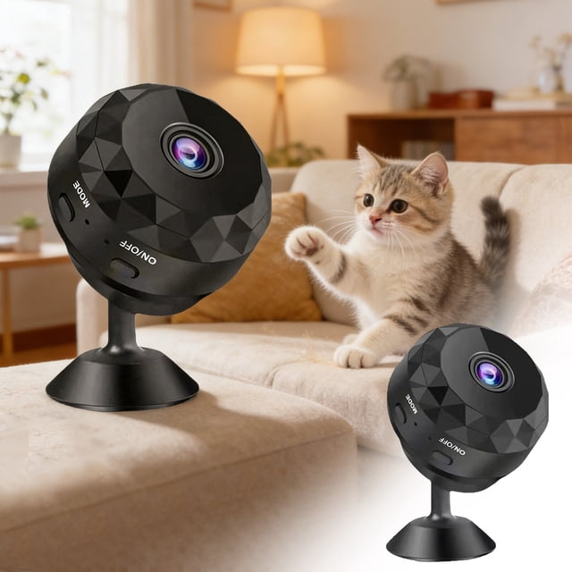 Cámara domo para mascotas, 1080P HD, WiFi, inalámbrica, para interiores, seguridad del hogar, mini cámara para niñeras con control por aplicación, detección de movimiento, grabadora miniatura negra.
