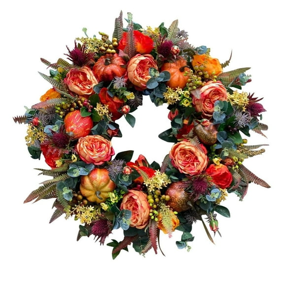 Sunflower and Pumpkin Fall Wreath - Vintage Buffalo Check Lattice Autumn Wreath for Front Door, Thanksgiving Halloween Farmhouse Harvest Decor Indoor Outdoor Window Wall