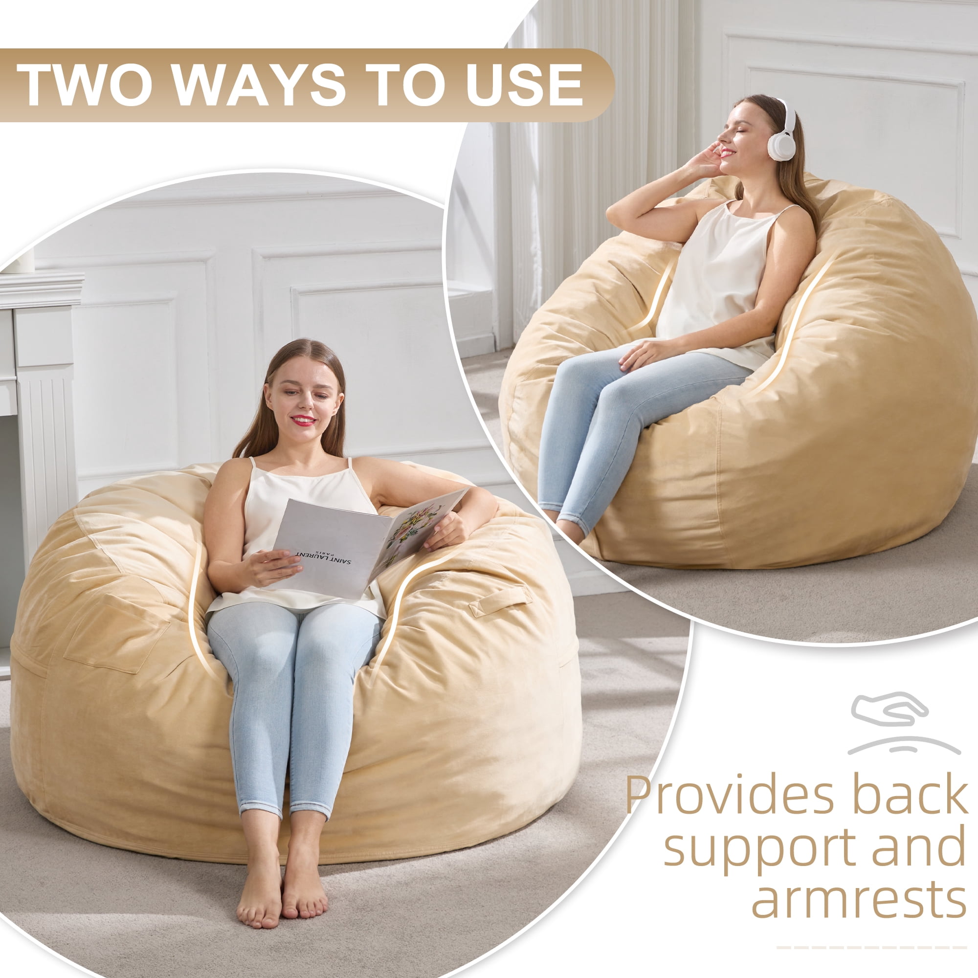 4FT Bean Bag Chair Bean Bag Chairs for Adults Giant Bean Chairs with Velvet Cover, Memory Foam BeanBag Chair Fluffy BeanBag Chairs for Living Room, Bedroom - Khaki (44" x 44" x 24")