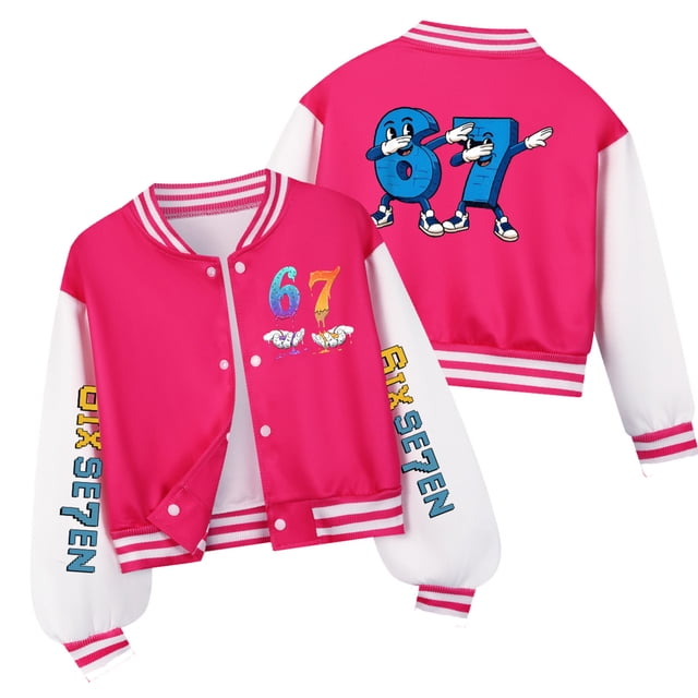 Veste de Baseball à Col Rond Imprimé 67 Mèmes pour Ki-ds, Haut à Manches Longues Décontracté Veste Bomber Ki-ds Vestes de Baseball Ki-ds Fils Fille Ajustée Veste Universitaire Cardigan Léger à Boutons 160 12-13 Ans (Rouge)