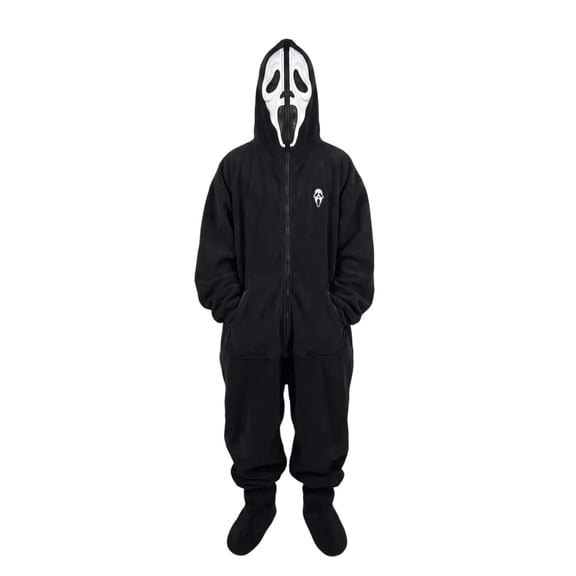 Horror Theme Fleece On-esie Jumpsuit with Screaming Mask Halloween Cosplay Loungewear for Adults