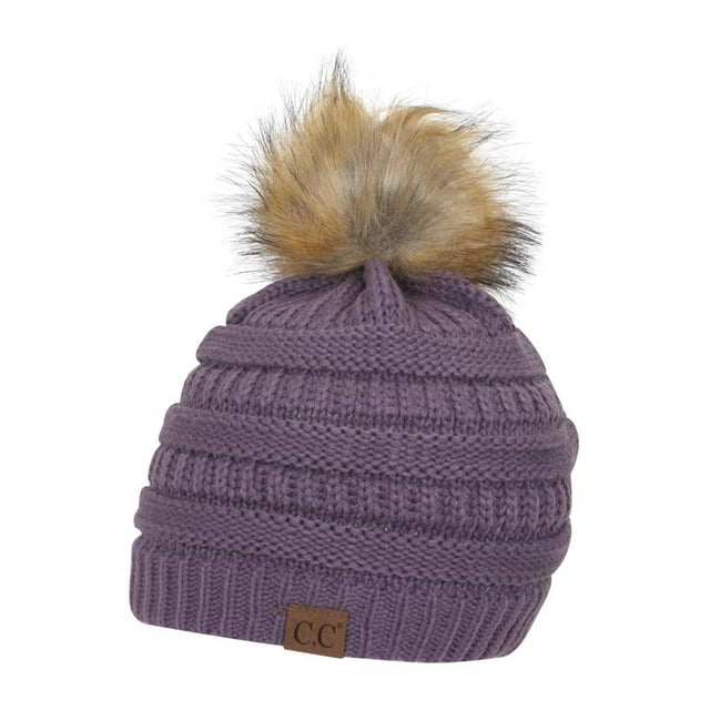 Gravity Threads Bonnet en Tricot Torsadé avec Pompon en Fausse Fourrure, Violet
