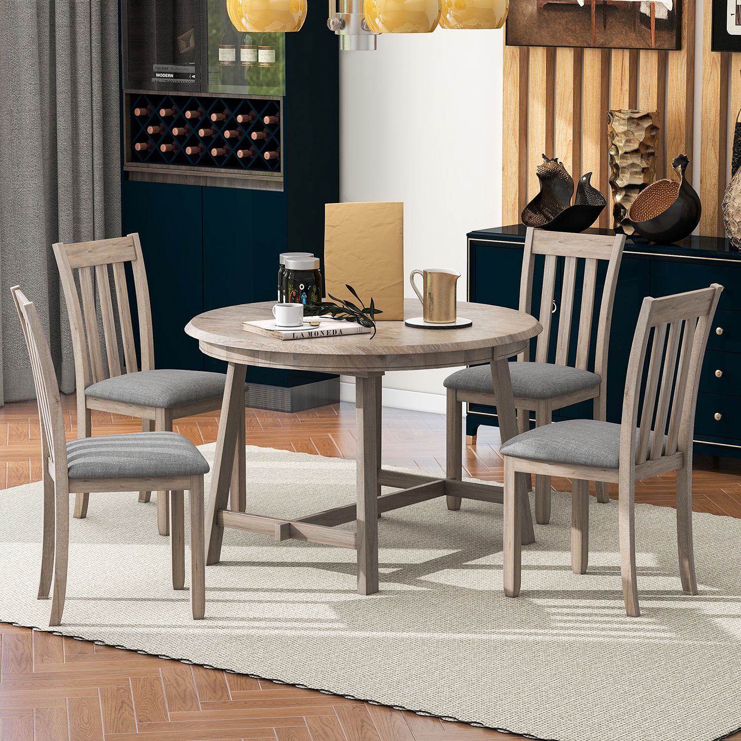Kadyn 5-Piece Wood Dining Table Set, Round Extendable Dining Table with 4 Dining Chairs, Solid Wood Dining Room Table Set for Dining Room, Natural Wood Wash Kadyn 5-Piece Wood Dining Table Set, Round Extendable Dining Table with 4 Dining Chairs, Solid Wood Dining Room Table Set for Dining Room, Natural Wood Wash