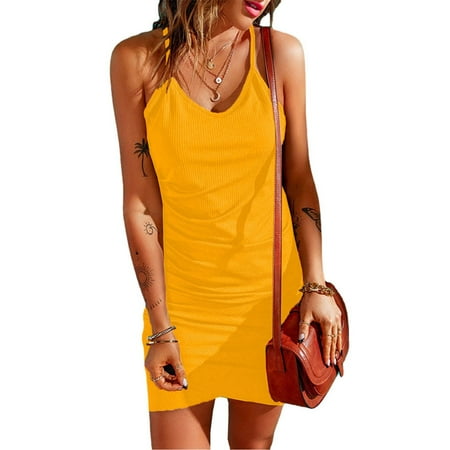 Usdian Graduation Dress Crew Neck Sleeveless Tank Dresse Wrap Dress Summer Dresses for Women Womens Summer Outfits Stylish Solid for Beach Yellow M Clearance Sales Today