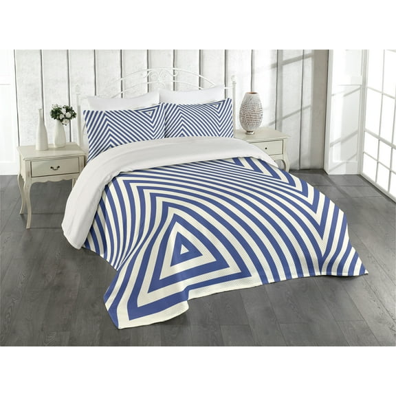 Ambesonne Geometric Quilted Coverlet 3 Pcs, Triangle and Stripes, King Size, Dark Blue and White