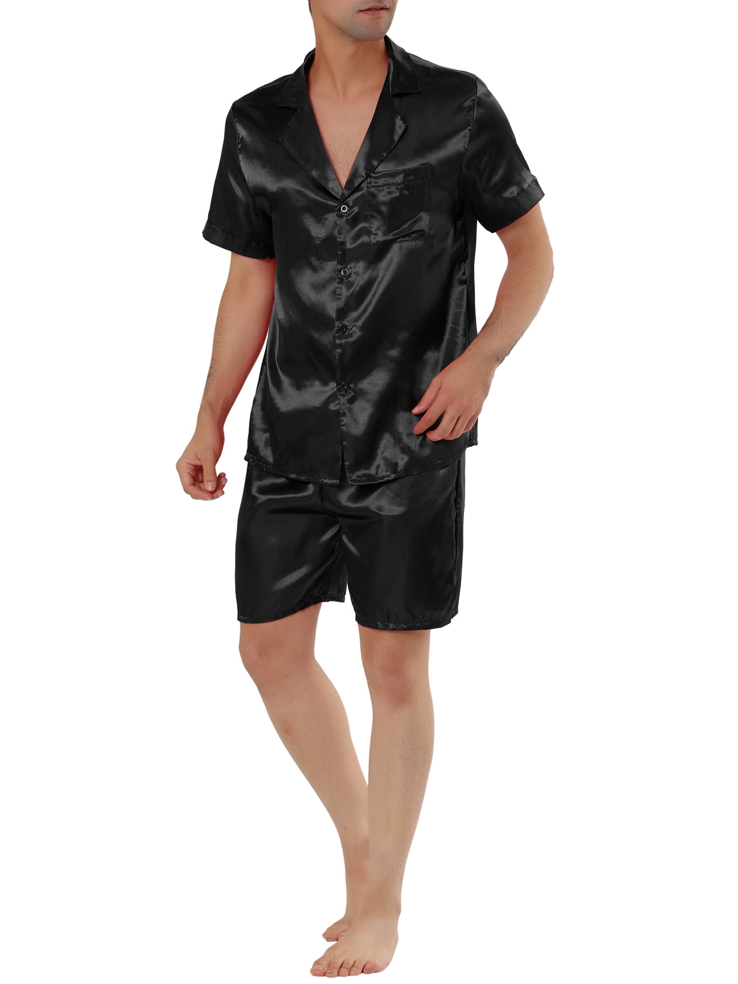 Unique Bargains Men's Summer Satin Pajama Sets Short Sleeve Nightwear Sleepwear