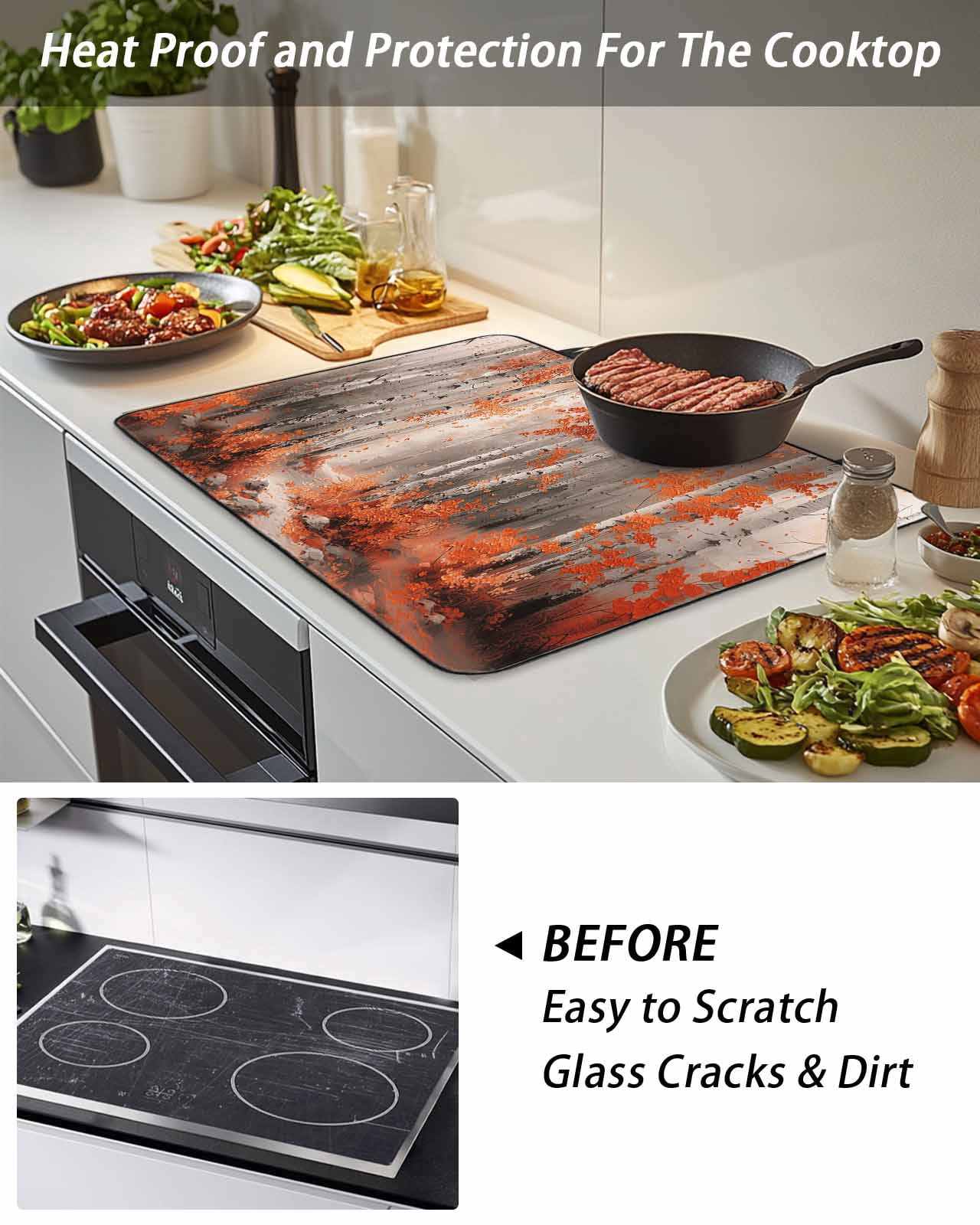 Stove Top Covers for Electric Stove, Red Orange Glass Stovetop Cover Protector, Modern Oil Painting Art Forest Induction Cooktop Protector Oven Mat for Kitchen Countertop 24"x21"
