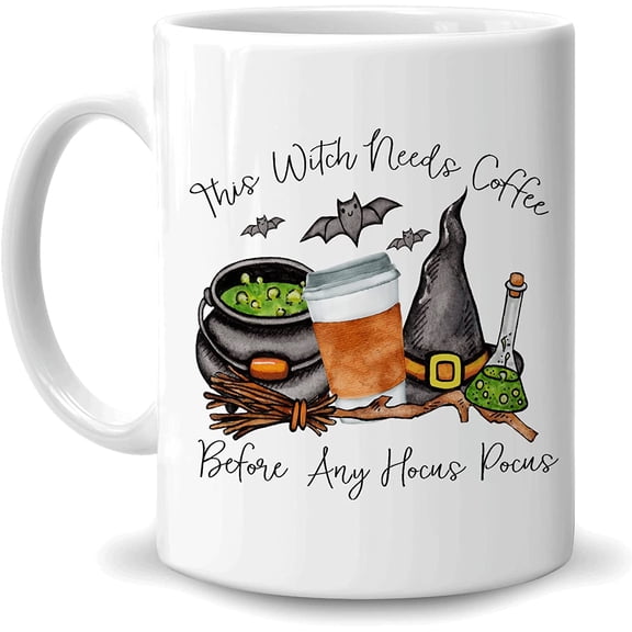 Halloween Witchy Gifts for Witch Women Coffee Lover - This Witch Needs Coffee Before Any Hocus Pocus 11oz White Ceramic Coffee Tea Mug For Women Mom Girl Friend Teen Wife Daughter Coworker