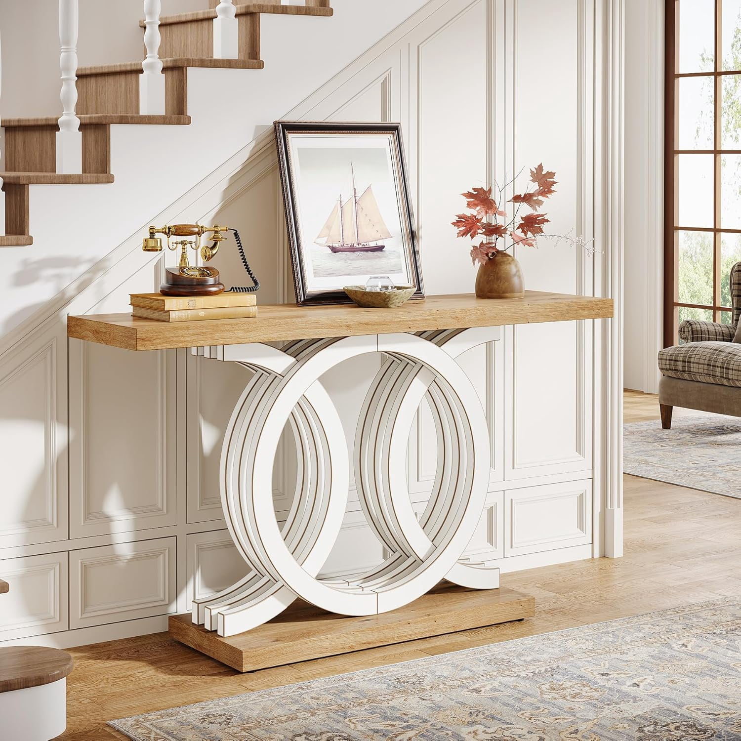 Finmind 55" Console Table with Geometric Wood Base, Modern Entryway Table, White