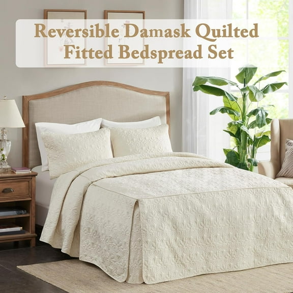 Quebec Split Corner Quilted Bedspread, Classic Traditional Design, Lightweight, 3-Piece Set, Queen, Cream, Fitted Bedspread