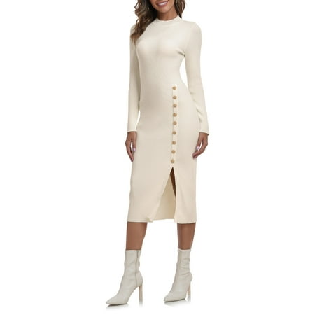 PrettyGuide Women s Mock Neck Sweater Dress Long Sleeve Fall Winter Ribbed Knit Bodycon Slit Midi Dress with Button