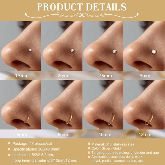 48 Pcs 20G Nose Rings for Women Men 316L Stainless Steel Hypoallergenic L Shape Nose Studs Nostril Cartilage Lip Tragus Rings - Stylish Body Piercing Jewelry, Comfortable gold