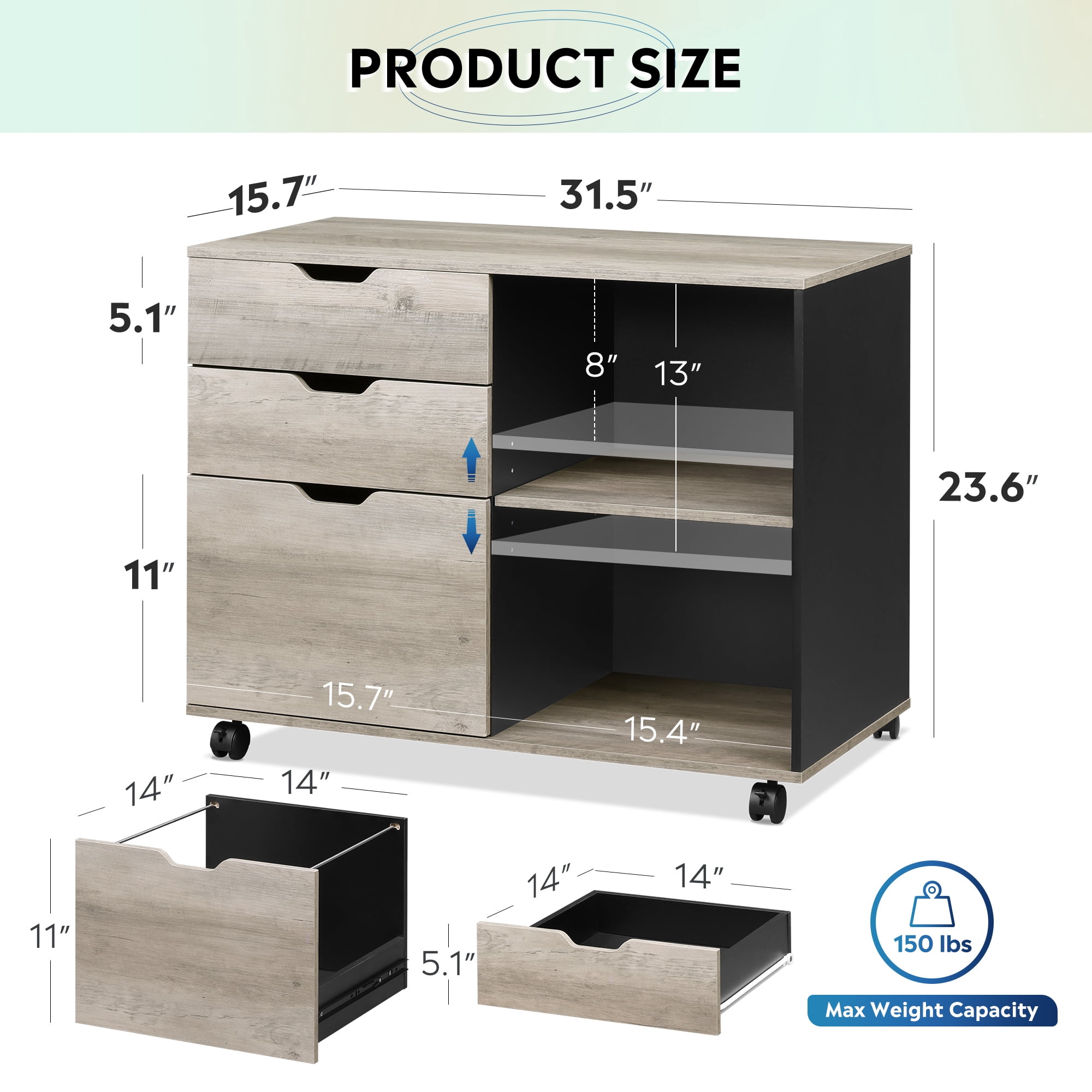 GALAXHERO 3 Drawer File Cabinet, Mobile Printer Stand with Storage Shelves, Wood Lateral Filing Cabinet, Office Storage Cabinet for Home Office, Greige