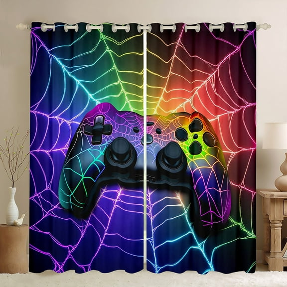 Manfei 3D Gamepad Black Out Curtains for Teens, Neon Purple Spider Web Curtains Pack of 2 (42x63 Each), Modern Video Game Bedroom Curtains, Window Curtains Room Decor