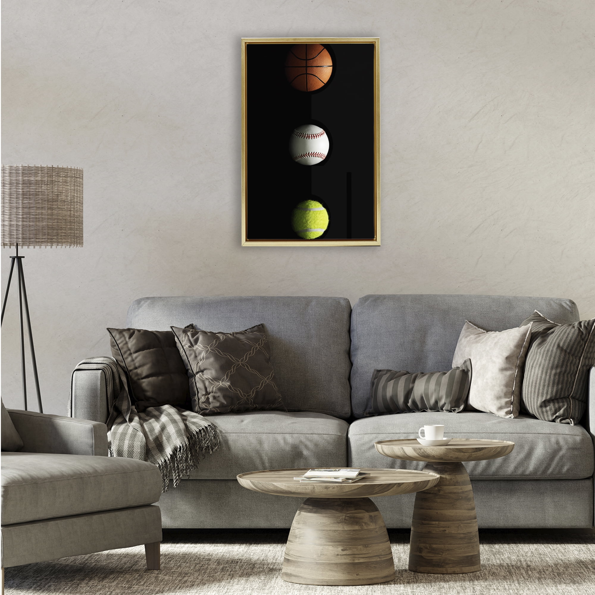 Stupell Industries Sports Balls Spotlight Gold Framed Floater Canvas Wall Art, design by Jesse Keith