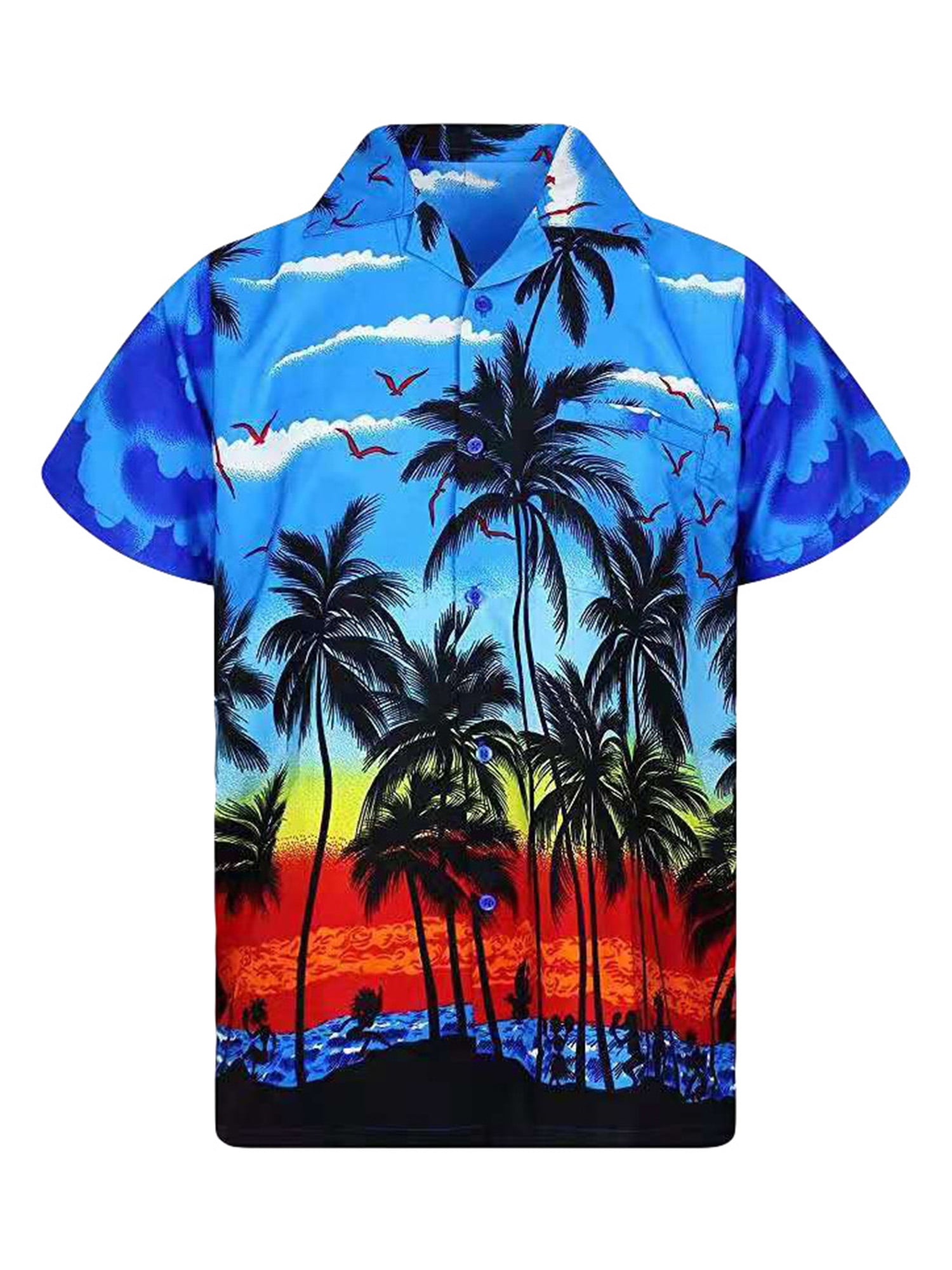 Men Shirt Summer Style Palm Tree Print Beach Hawaiian Shirt Men Casual Short Sleeve Hawaii,Bk,L