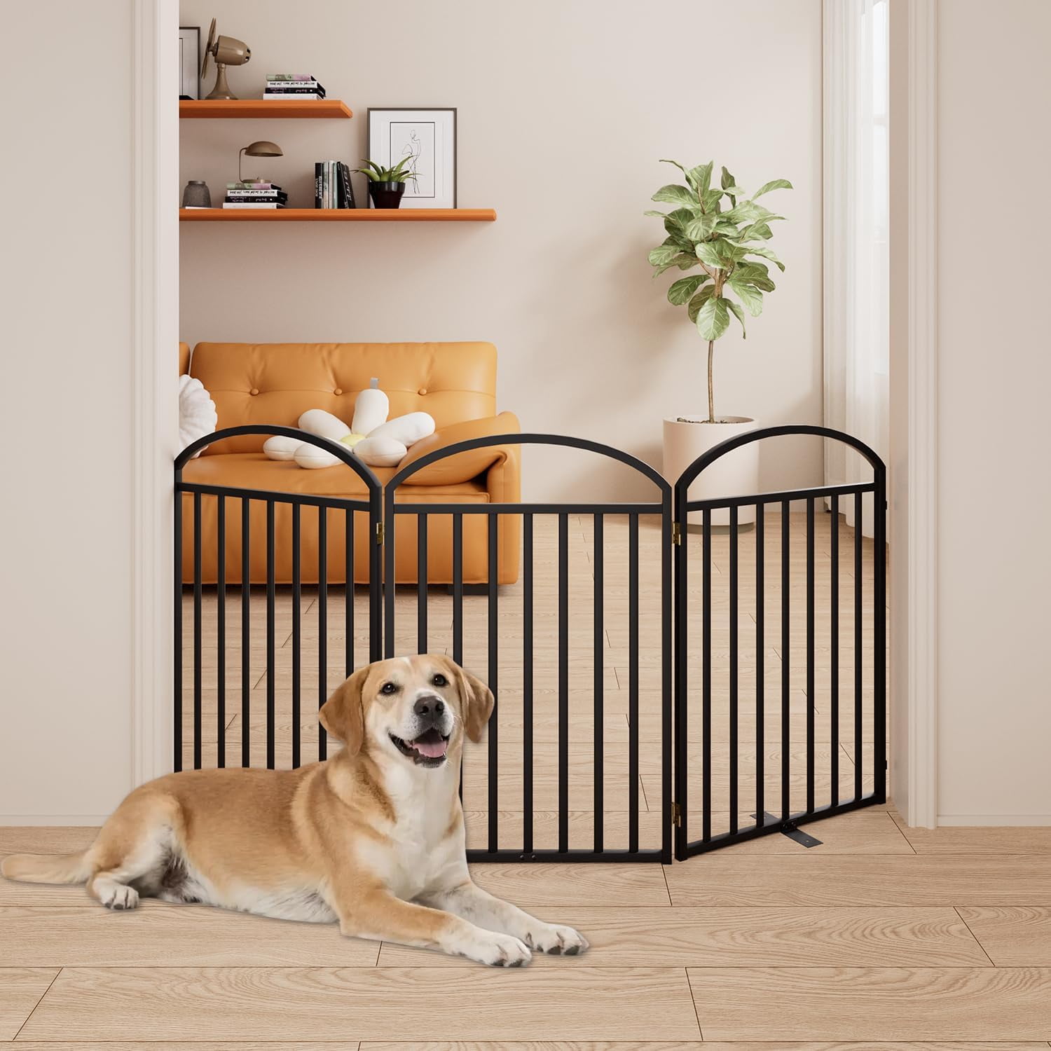 4 Panels Full Matel Freestanding Dog Gates with Door, 96"Extra Wide 32"Tall Free Standing Dog Pet Gate for Indoor & Outdoor. Foldable Pet Fences for Doorways, House, Stairs, Porch, Deck, Yard