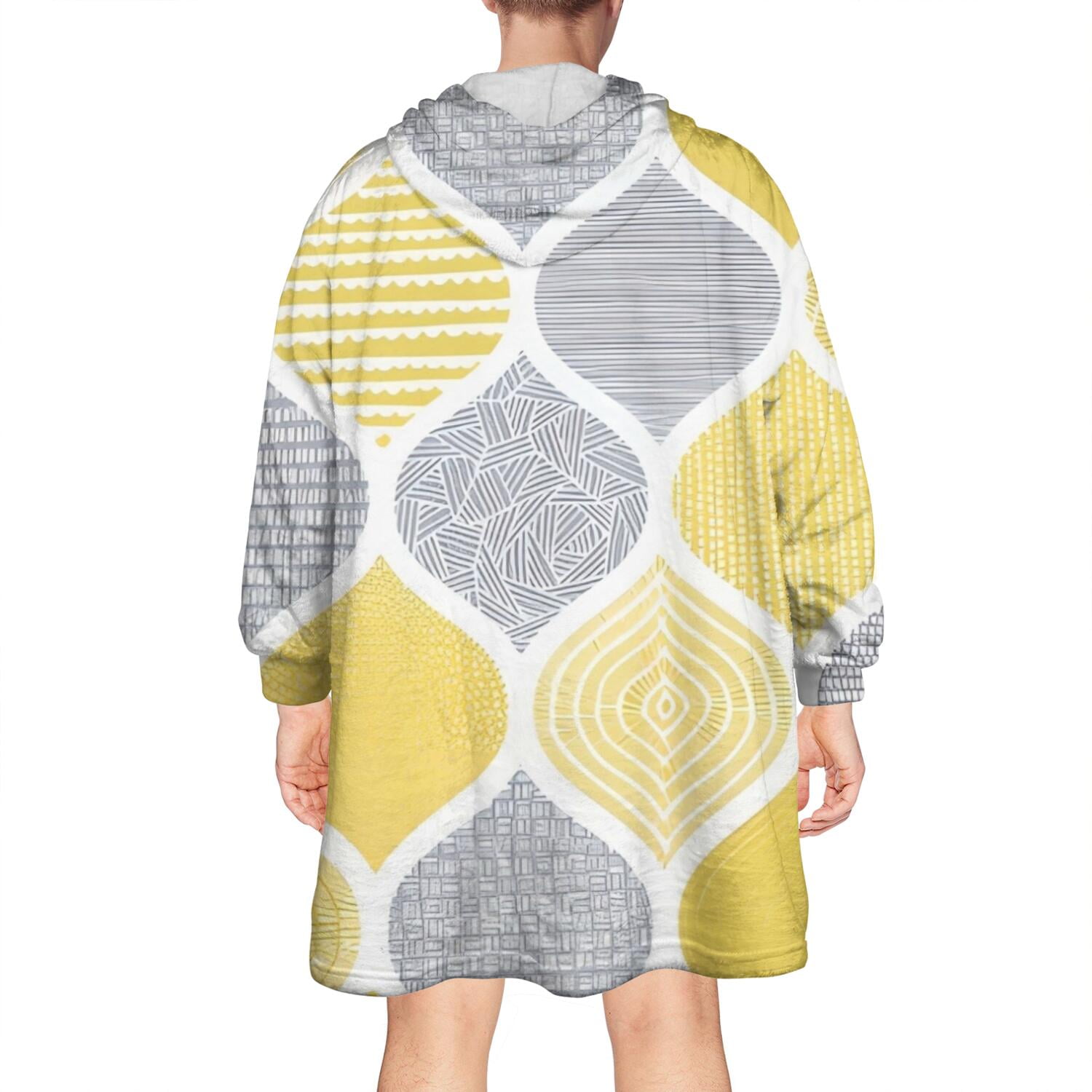 Wearable Oversized Blanket,Yellow and Gray Geometric Quatrefoil Pattern Wearable Blanket Hoodie for Adults,Cozy Hooded Blankets with Super Pockets,Super Warm Fuzzy Pullover for Women & Men