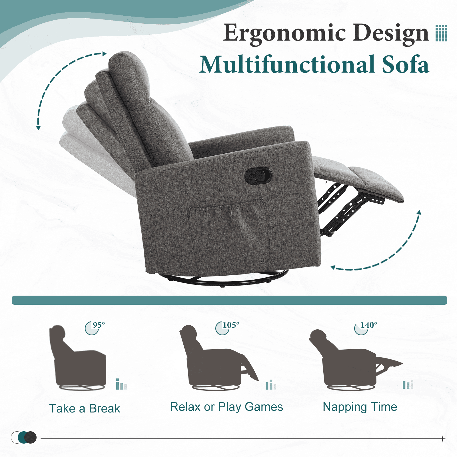 MAYEERTY 360° Swivel Rocking Recliner Chair, 95-160° Adjustable Backrest Linen Nursery Glider with Metal Base, 250lbs Capacity Easy Assembly