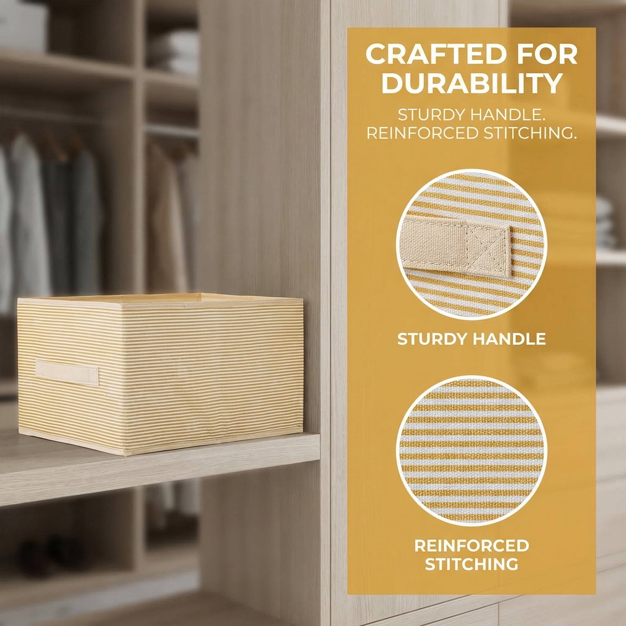 Unique Bargains 3pcs Fabric Storage Bin with Stripe Beige 15.7*10.6*8.3in