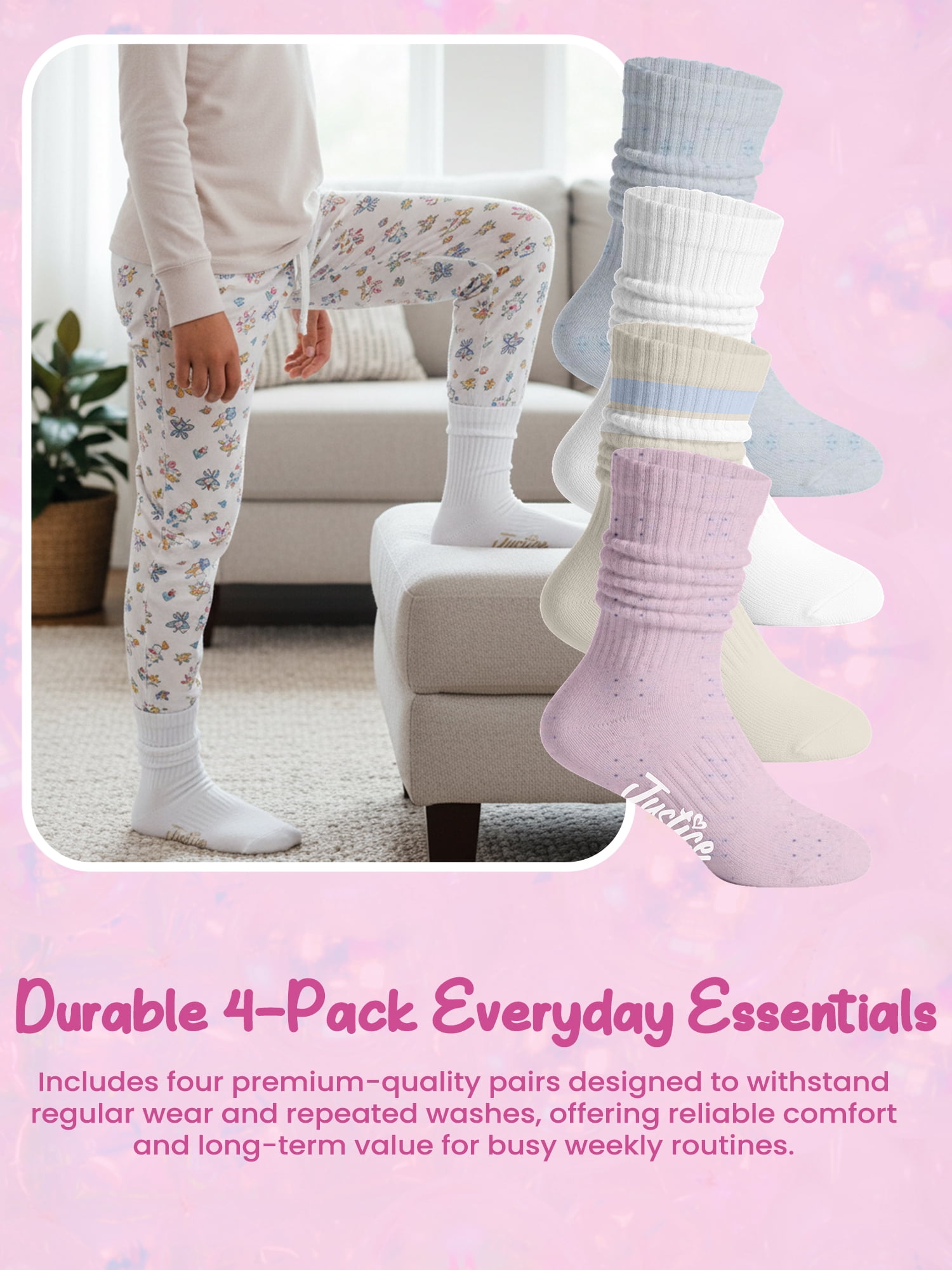 Justice Slouch Boot Socks for Girls, Warm Cozy Socks for Daily Wear, 4 pk Pink