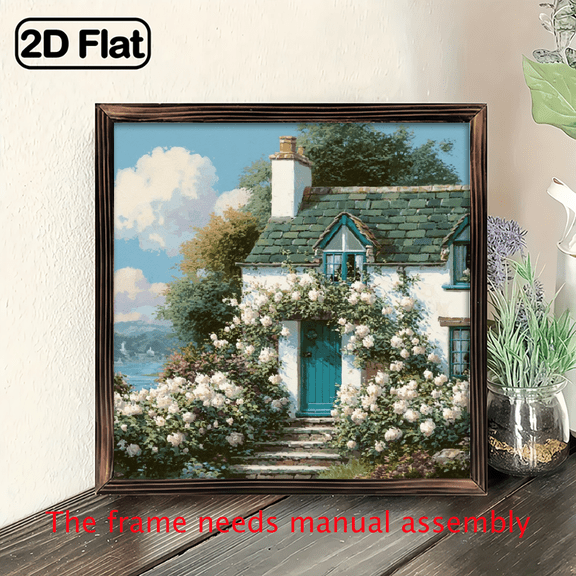 1pc Vintage Coastal Cottage Wall Art, Wood Framed Decor with White Roses, Cottage by the Sea Painting - Farmhouse, Living Room, Bedroom, Kitchen, Office Decoration - Easy Hang Installation -