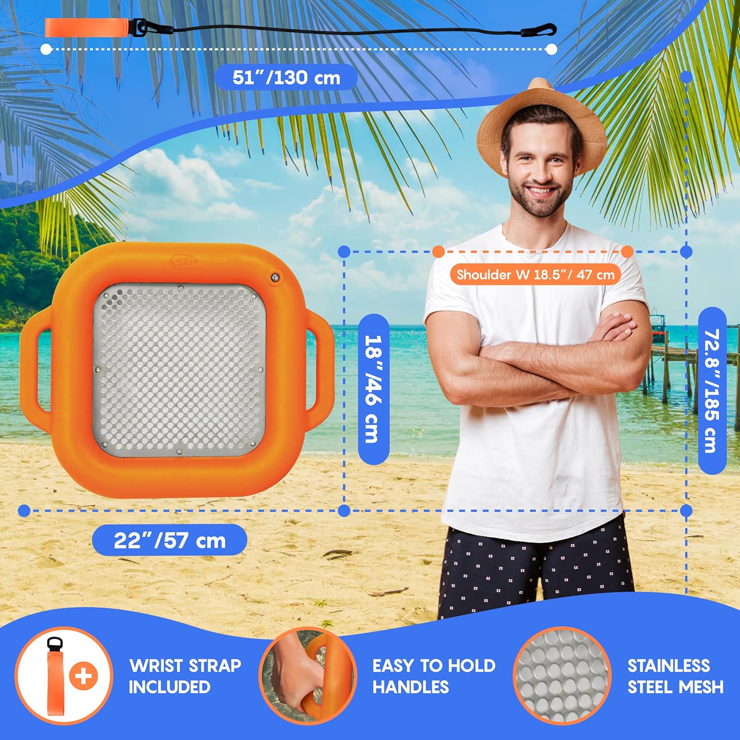CKG Floating Shark Tooth Sifter for Fossil Hunting and Shark Teeth, Sand Sifter for The Beach with Stainless Steel Mesh & Durable Plastic and Wrist Strap, Orange Color