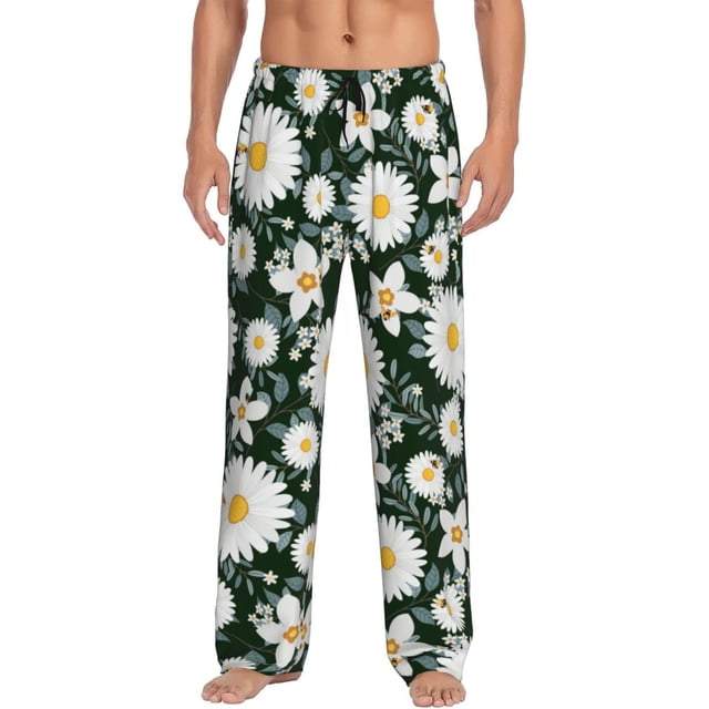 Fotbe White Daisies and Bee Pantalones de Pijama para Hombre, Pantalones de Dormir, Pantalones de Casa con Cintura Ajustable y Bolsillos-Large