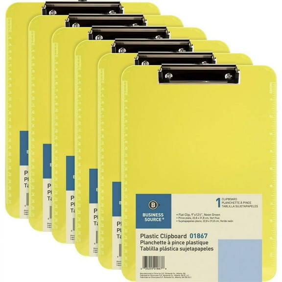 Business Source Flat Clip Plastic Clipboard - 9" x 12" - Low-profile - Plastic - Neon Green - 6 / Bundle | Bundle of 2 Bundles
