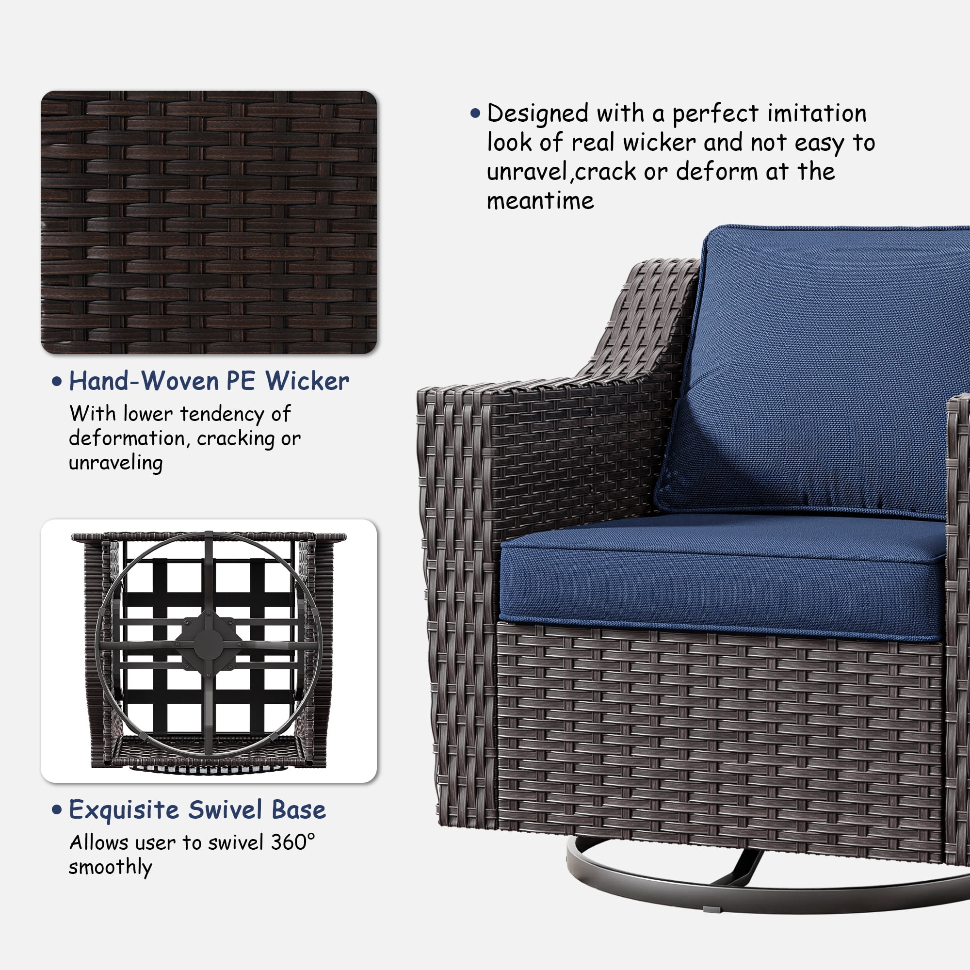 MeetLeisure Patio 2 Pieces Wicker Swivel Chairs Set, Outdoor PE Rattan Rocking Glider Armchairs with Water-Resistant Cushions & Washable Covers for Porch Balcony Sunroom, Dark Blue