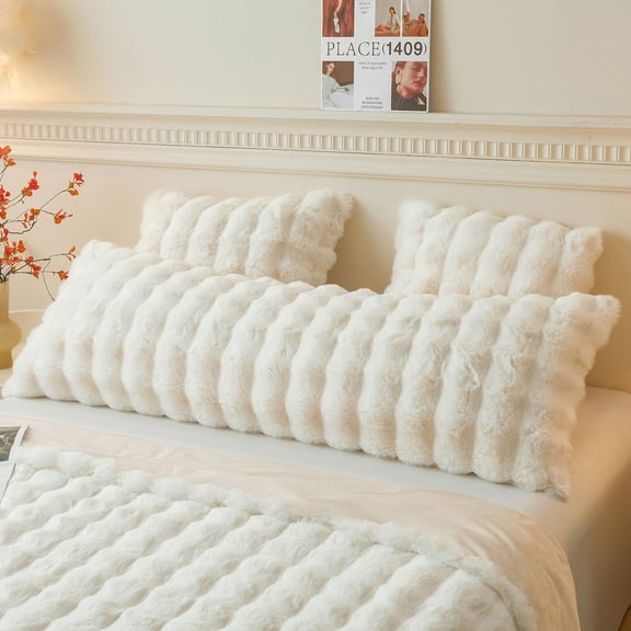 LIFEREVO Fluffy Faux Rabbit Fur Body Pillow Cover, Luxury Ivory Bubble Shaggy Plush Bed Body Pillowcase with Zipper Closure, Long 20"x54" Fuzzy Furry Pillow Case for Adults Kids Girls Teens, Beige