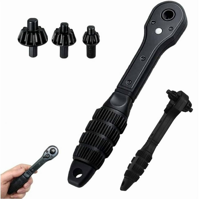Clé à Cliquet Réversible 2-en-1 avec 3 Clés Interchangeables et Poignée Antidérapante pour Perceuses et Presses à Perceuse Akmoler / Métal, Noir