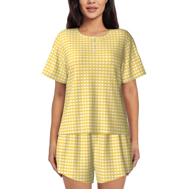 Balery Yellow Gingham Conjunto de Pijama para Mujer con Estampado, Dos Piezas de Manga Corta y Shorts, Ropa de Dormir Suave con Cuello Redondo y Bolsillos-Large