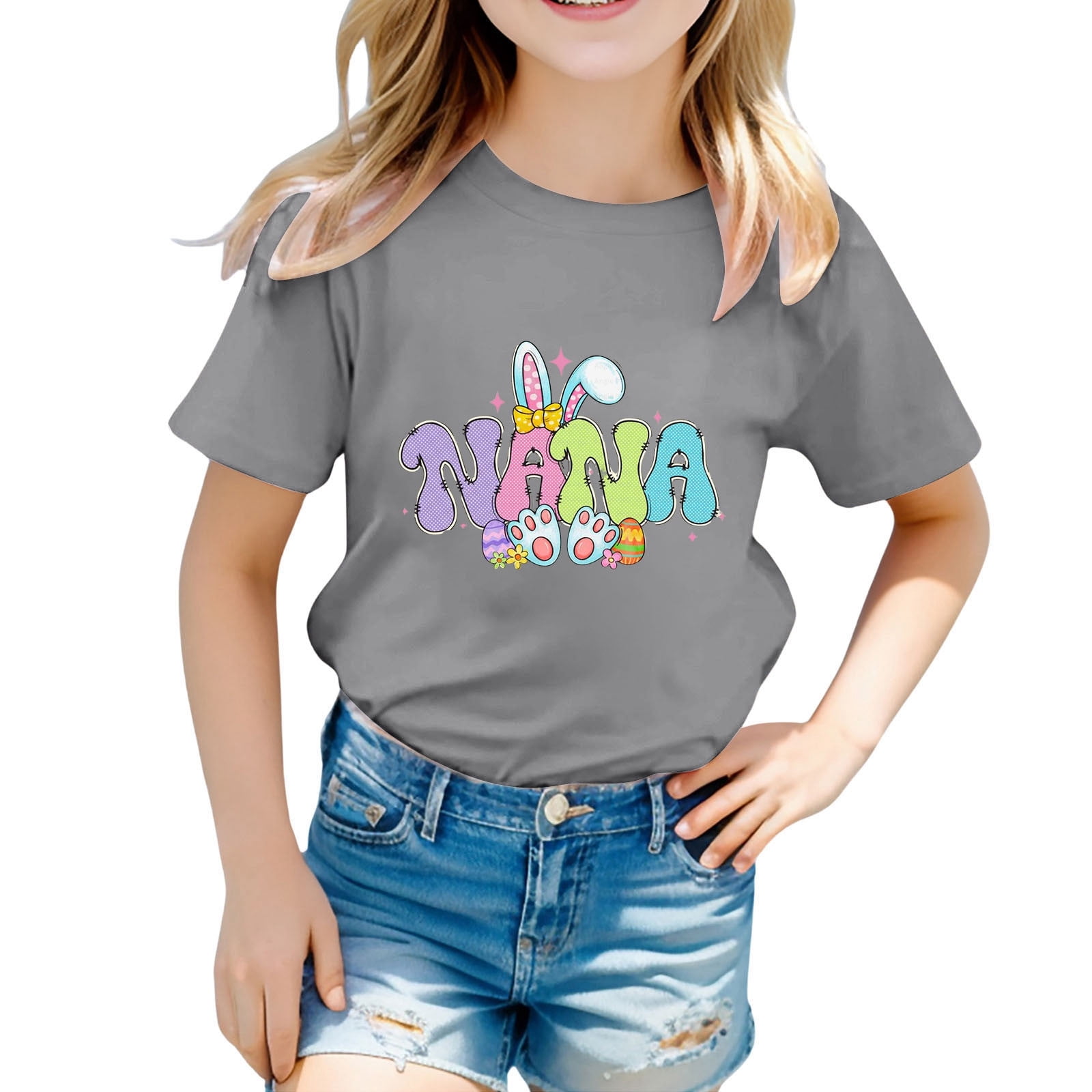 PMVFHDE Hauts Tendance pour Filles T-Shirts Graphiques pour Filles Hauts pour Filles T-Shirts Mignons Tendance pour Filles Enfants Pâques T-Shirt Graphique Mignon Col Rond Manches Courtes Été T-Shirt Gris, 2-3 Ans