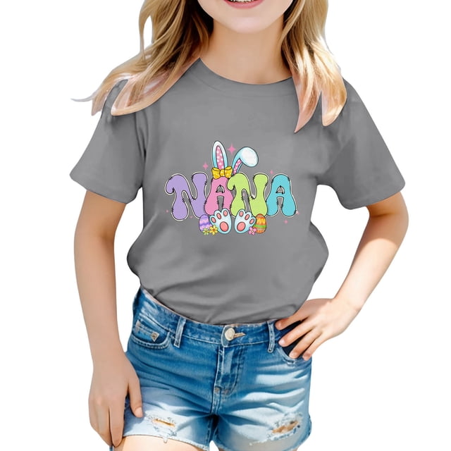 PMVFHDE Hauts Tendance pour Filles T-Shirts Graphiques pour Filles Hauts pour Filles T-Shirts Mignons Tendance pour Filles Enfants Pâques T-Shirt Graphique Mignon Col Rond Manches Courtes T-Shirt d'Été Gris, 3-4 Ans