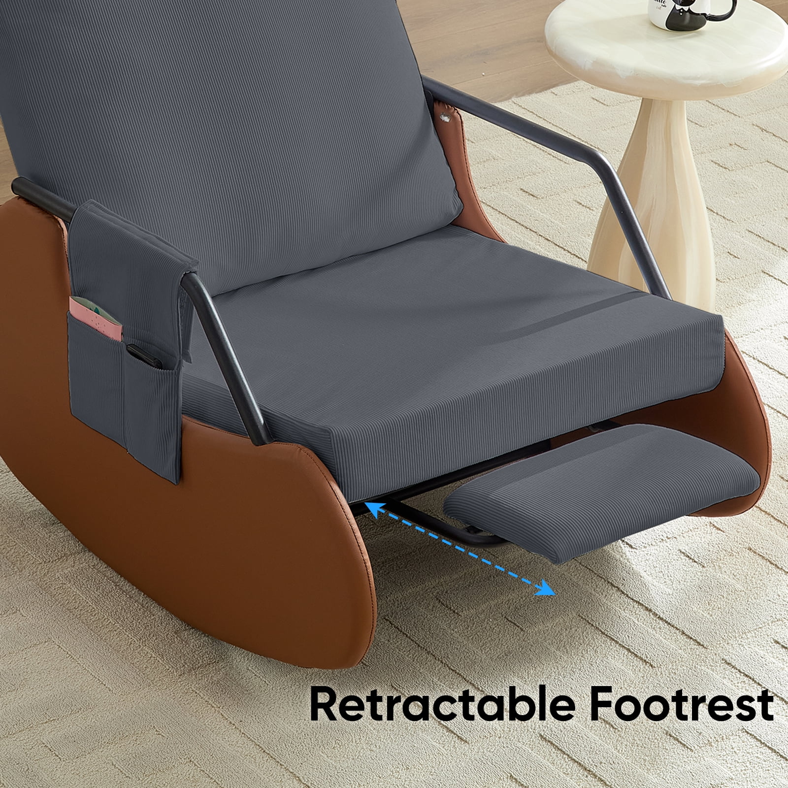 BALUS Rocking Chair, Corduroy Nursery Recliner with Adjustable Backrest & Footrest, Side Pockets, Modern Living Room Seating Space-Saving Design, Orange