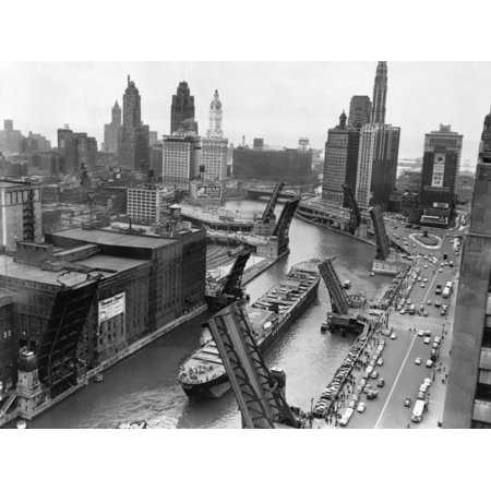 Cargo Ship on Chicago River Cityscape Vintage Black and White Photo Print Wall (Best Way To Ship Prints)