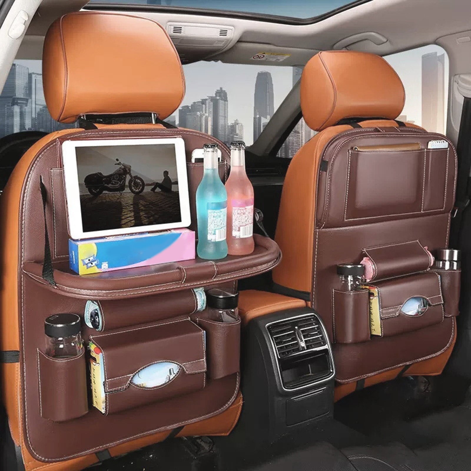 Leather Car Seat Back Organizer With Tray Table,Folding Dining Table Storage Bag Multi Pocket Design,Waterproof Wear Resistant Easy Install Large Capacity Storage Organizer Car Seat Storage Bag