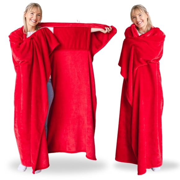 Manta portátil Super Blanky de 180 x 152 cm con mangas, color rojo