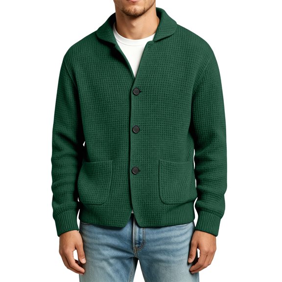 LODIENY Men Waffle Button Down Cardigan Sweater with Pockets Long Sleeve Collared Relaxed Fit Big and Tall (S-5XL) Knit Tops Green M