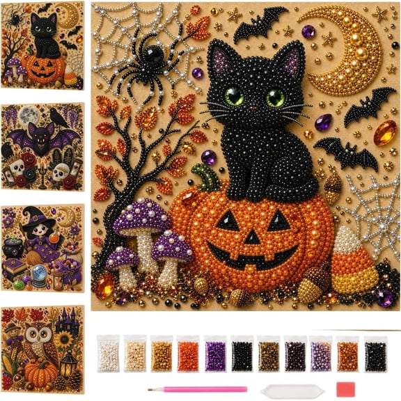 Halloween Pearl Diamond Painting Kit, Ghost Art DIY Craft for Adults, 3D Spooky Cute Wall Decor, Fall Home Decoration Arts and Crafts for Seasonal Display